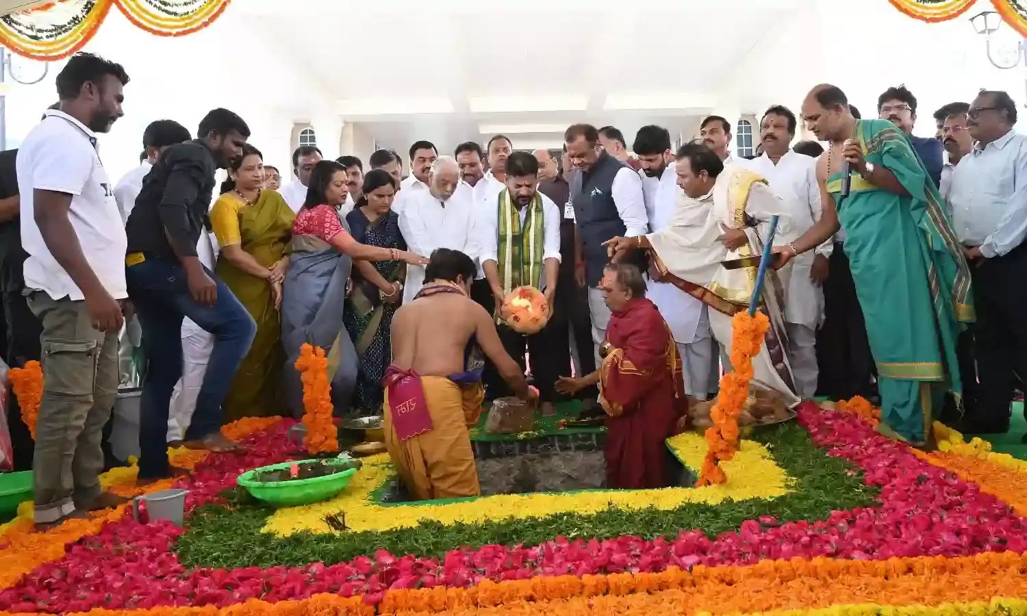 CM Revanth Reddy lays foundation stone of Telangana Thalli statue in Secretariat