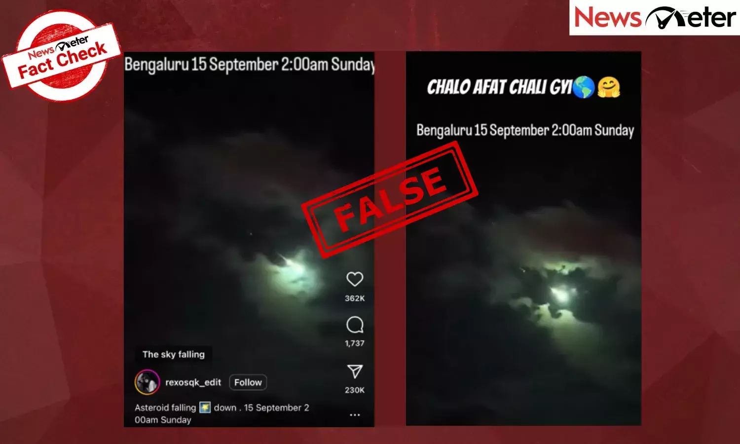 Fact Check: ಸೆಪ್ಟೆಂಬರ್ 15 ರಂದು ಬೆಂಗಳೂರಿಗೆ ಕ್ಷುದ್ರಗ್ರಹ ಅಪ್ಪಳಿಸಿದೆ ಎಂದು ಸುಳ್ಳು ವೀಡಿಯೊ ವೈರಲ್