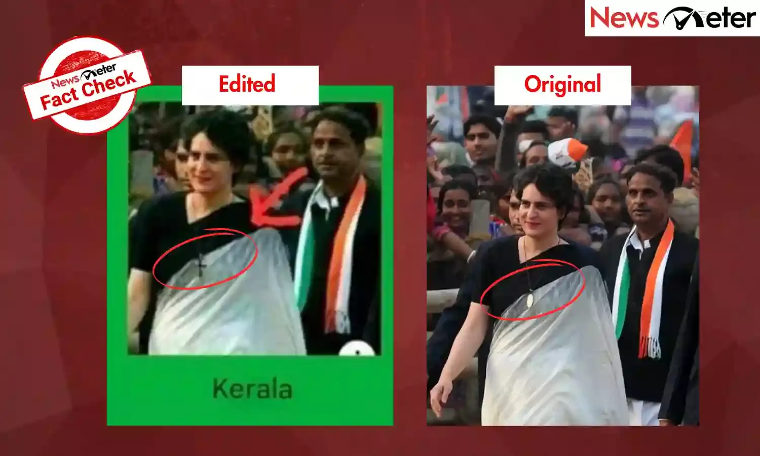 Fact Check: Priyanka Gandhi wears Christian cross in Kerala to woo voters? No, viral image is edited