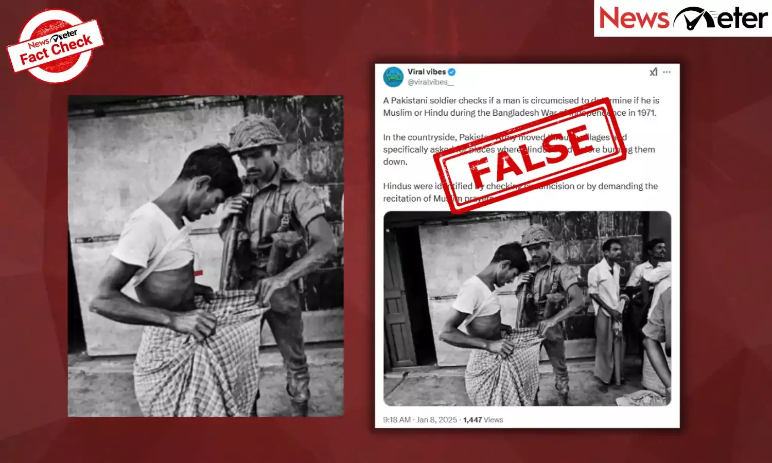 Fact Check: Pakistani soldier checks inside lungi to identify Hindus in 1971 war? No, photo shows Indian soldier in Bangladesh