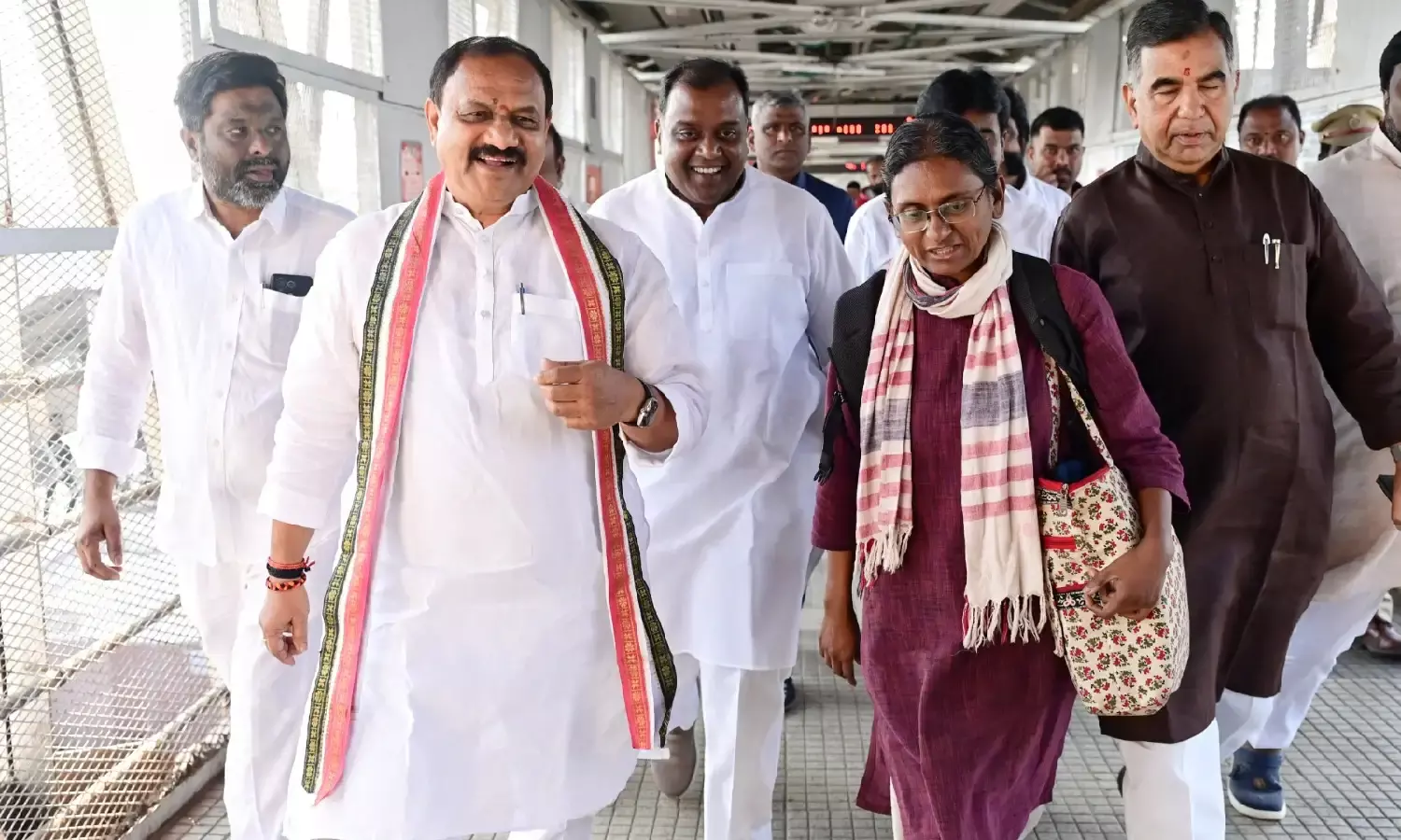 Meenakshi Natarajan, AICC incharge for Telangana arrives by train