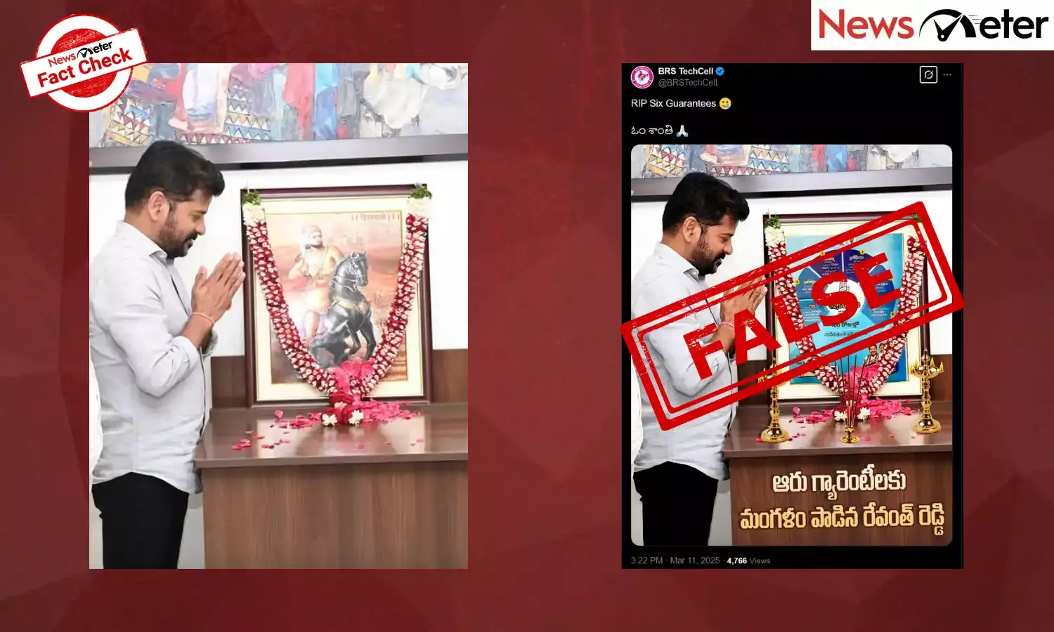 A photo allegedly shows CM Revanth Reddy paying tribute to ‘unfulfilled’ six guarantees announced by the Telangana Congress.