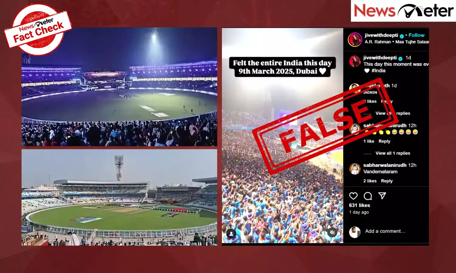 Short Description: A video claiming to show a packed stadium of cricket fans singing ‘Maa Tujhe Salaam’ with a light show during the India vs New Zealand ICC Champions Trophy final is going viral.