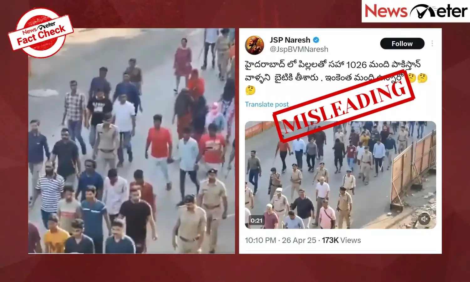 A viral post claims that Telangana police detained 1,026 Pakistani citizens in Hyderabad city. However, the footage actually shows a crackdown by Gujarat police on Bangladeshi and Pakistani nationals.