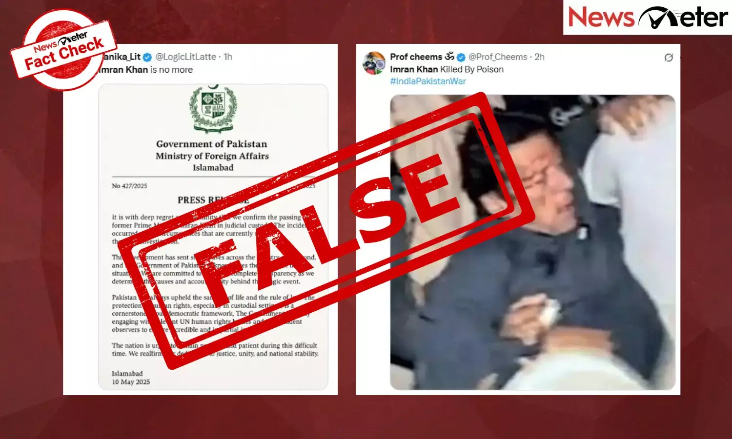 A purported press release claiming that Pakistan’s former Prime Minister Imran Khan has passed away while in judicial custody is going viral on social media.