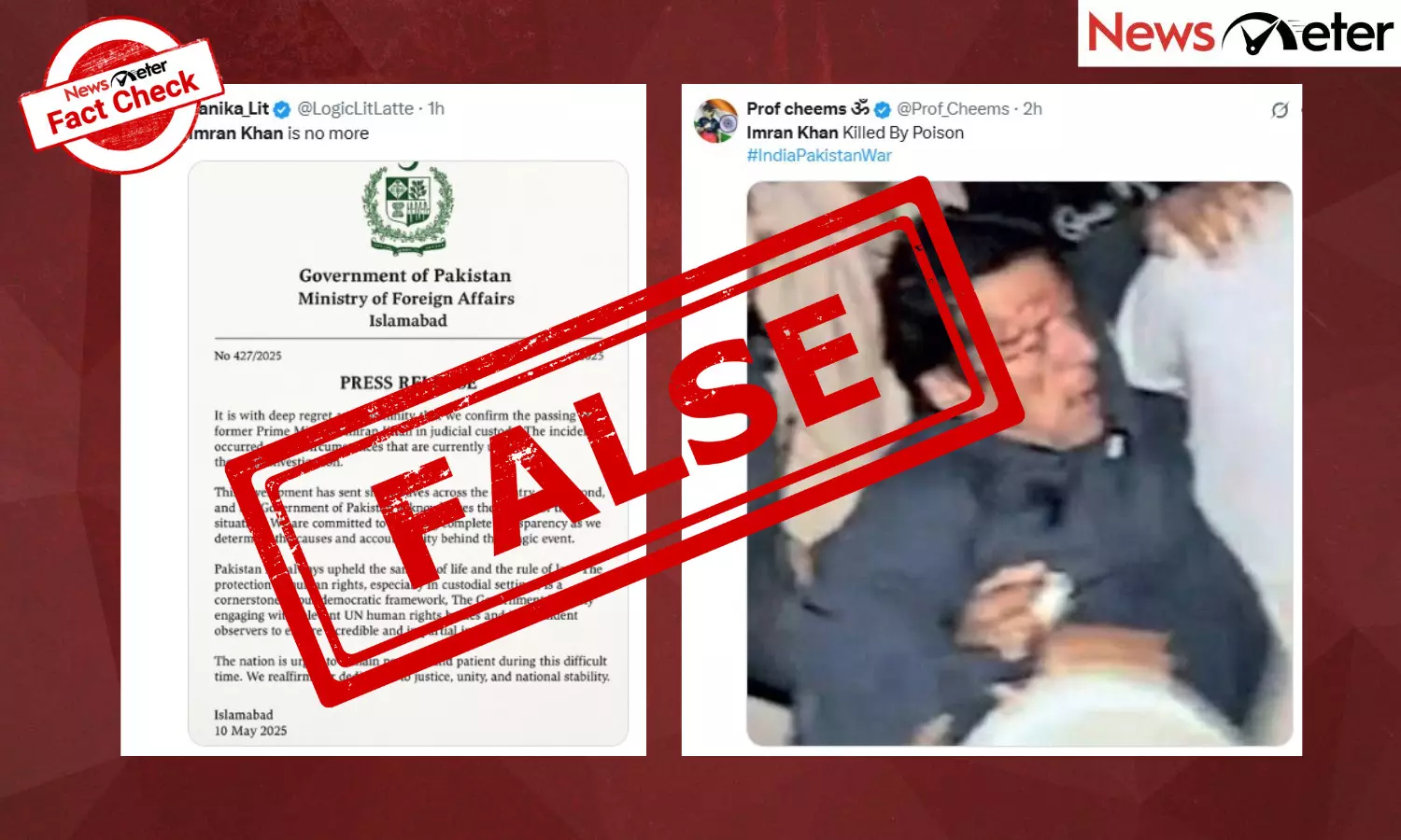 A purported press release claiming that Pakistan’s former Prime Minister Imran Khan has passed away while in judicial custody is going viral on social media. A purported press release claiming that Pakistan’s former Prime Minister Imran Khan has passed away while in judicial custody is going viral on social media.