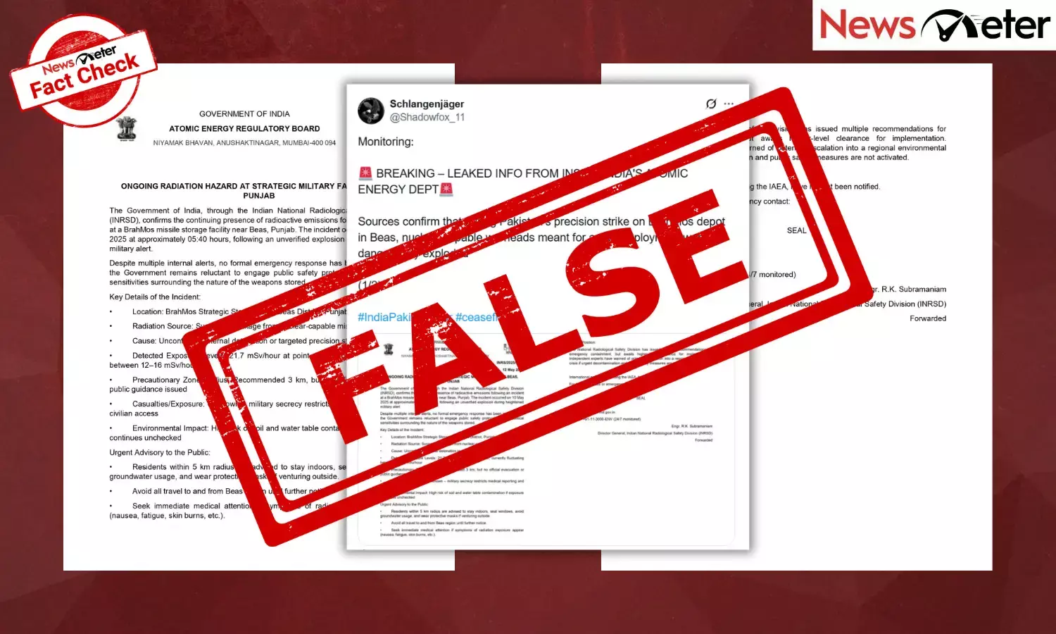 A purported press release from the Atomic Energy Regulatory Board (AERB) claiming a radiation hazard at a military facility in Beas, Punjab, following a missile strike on May 10, is going viral.