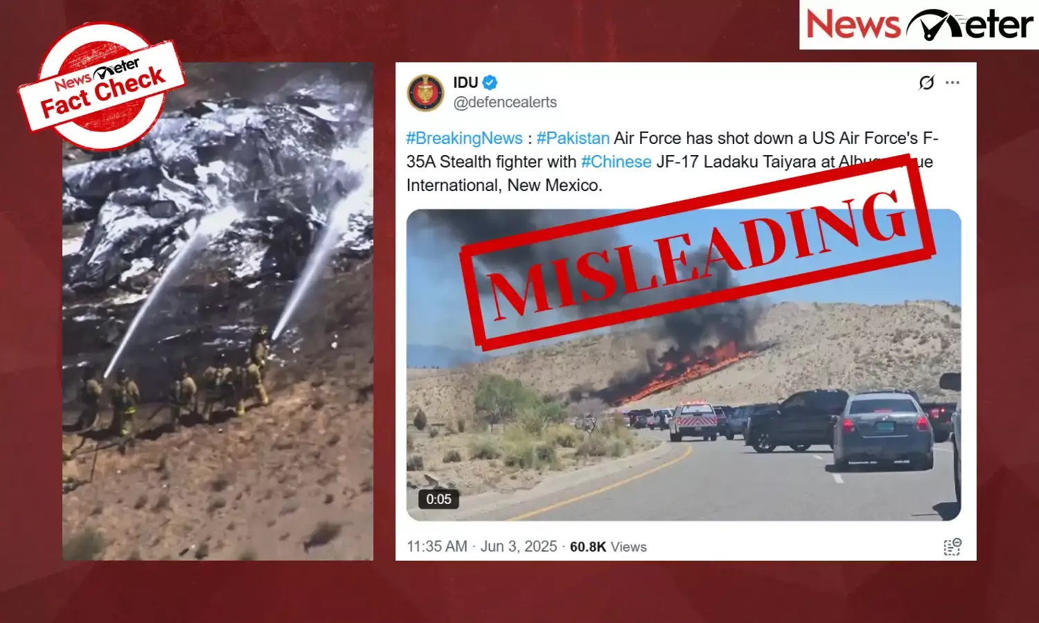 A viral video claiming to show that the Pakistan Air Force shot down a US F-35 fighter jet in New Mexico using a Chinese JF-17 aircraft is viral on social media.