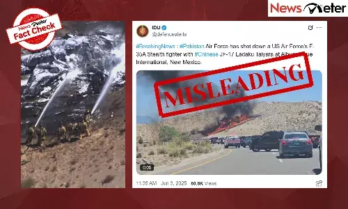 A viral video claiming to show that the Pakistan Air Force shot down a US F-35 fighter jet in New Mexico using a Chinese JF-17 aircraft is viral on social media. A viral video claiming to show that the Pakistan Air Force shot down a US F-35 fighter jet in New Mexico using a Chinese JF-17 aircraft is viral on social media.