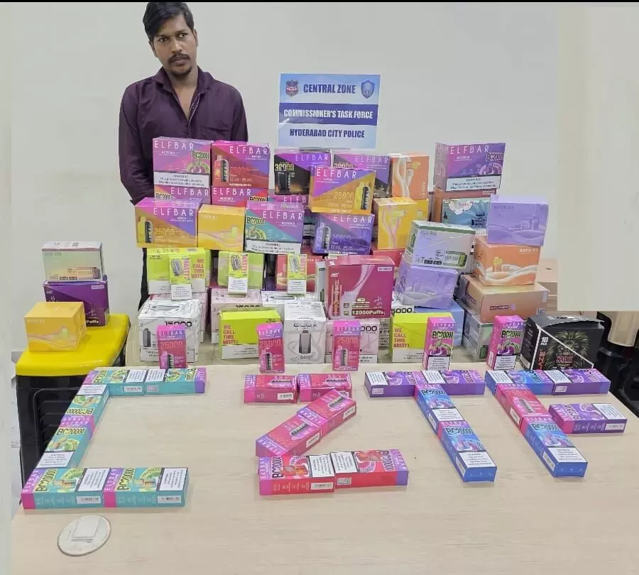 Apartment caretaker caught selling banned vapes in Saifabad; Rs 21 lakh worth e-cigarettes seized Apartment caretaker caught selling banned vapes in Saifabad; Rs 21 lakh worth e-cigarettes seized
