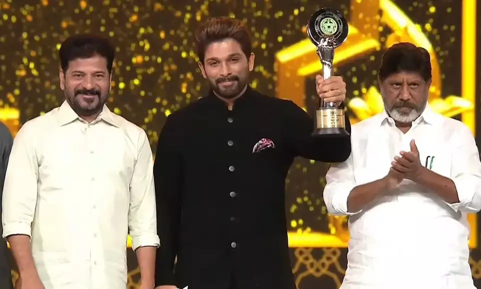Gaddar Awards: Revanth Reddy presents best actor award to Allu Arjun for Pushpa-2
