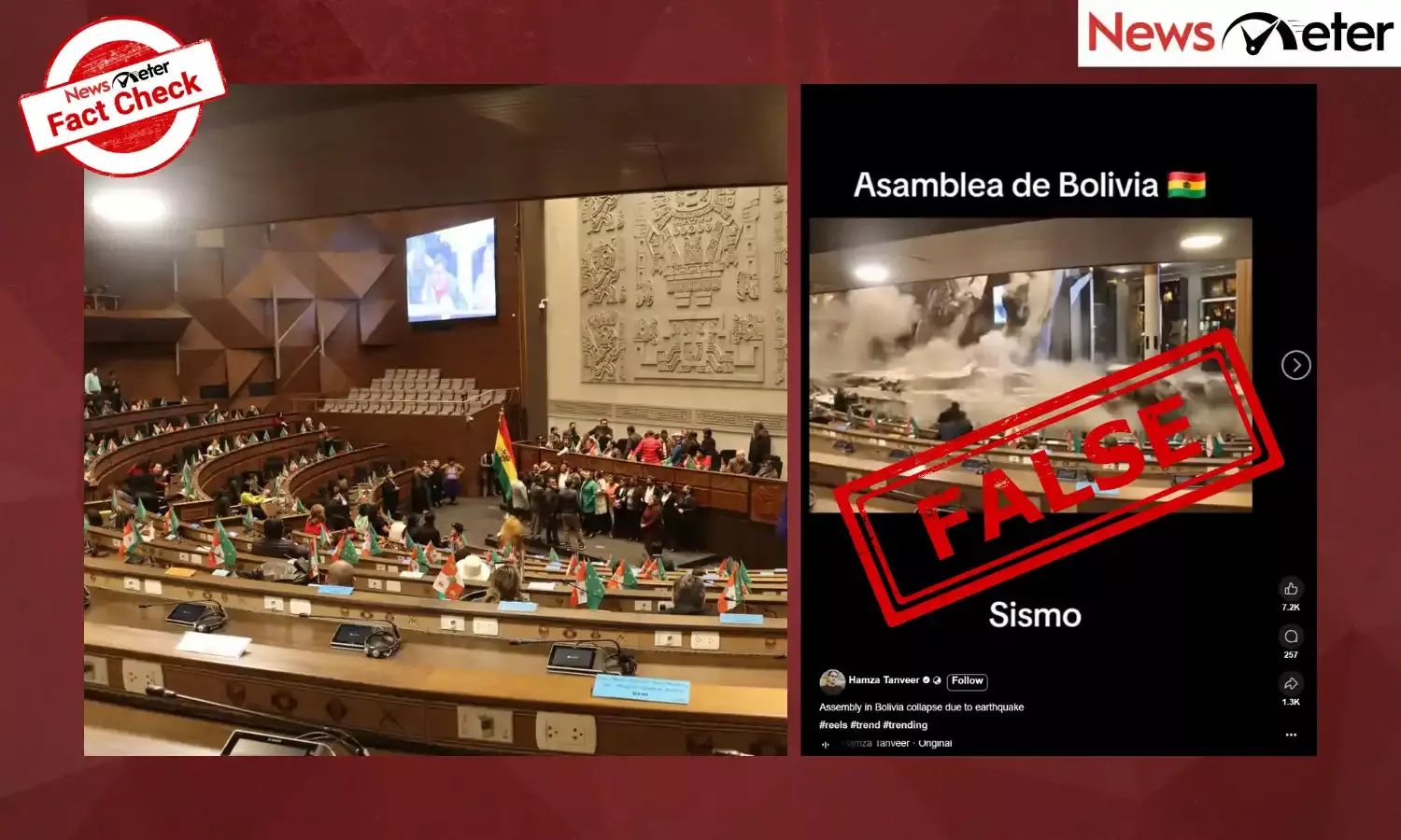 A video claiming that the Bolivian Parliament Assembly Hall collapsed during a recent earthquake, killing 50-90 people, is going viral on social media.