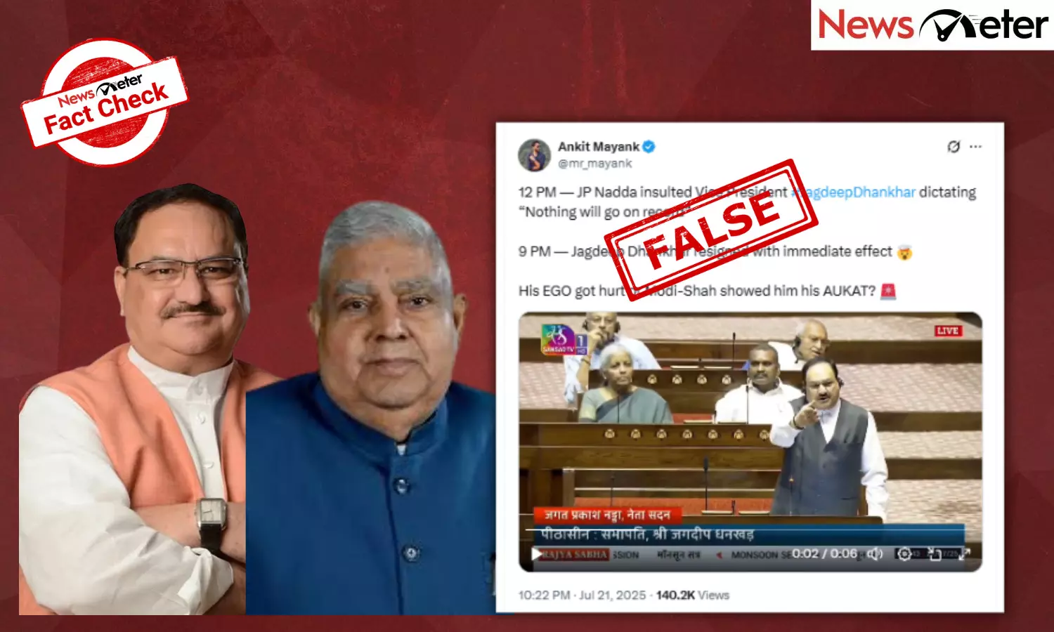 Fact Check: Jagdeep Dhankar resigns as VP after Nadda insults him? No, viral clip is edited Fact Check: Jagdeep Dhankar resigns as VP after Nadda insults him? No, viral clip is edited