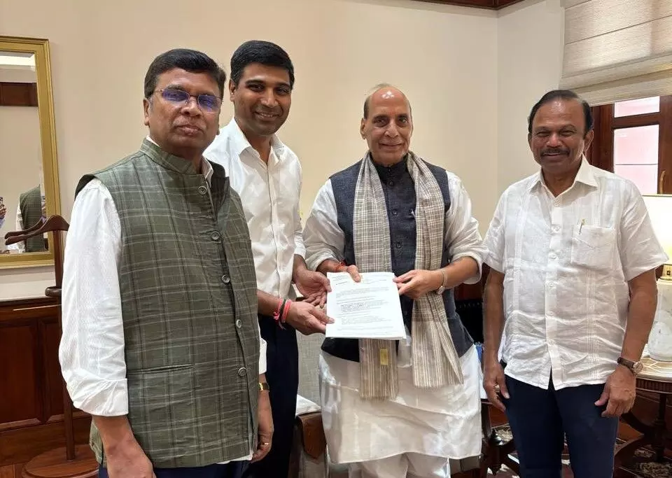 TDP MPs meet Rajnath Singh, submit proposals for 4 defence-aerospace manufacturing hubs in AP TDP MPs meet Rajnath Singh, submit proposals for 4 defence-aerospace manufacturing hubs in AP