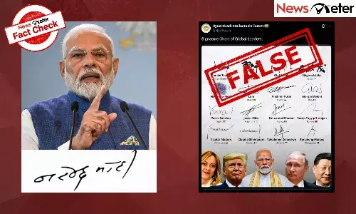 A collage claiming to show signatures of world leaders, where PM Modiās signature is depicted as a thumb impression, has gone viral.