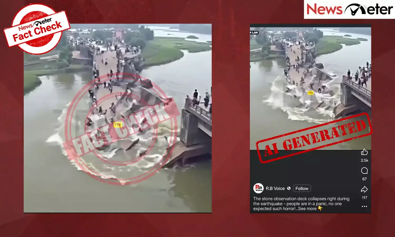 A video claims to show a bridge collapsing during an earthquake, with people in panic.