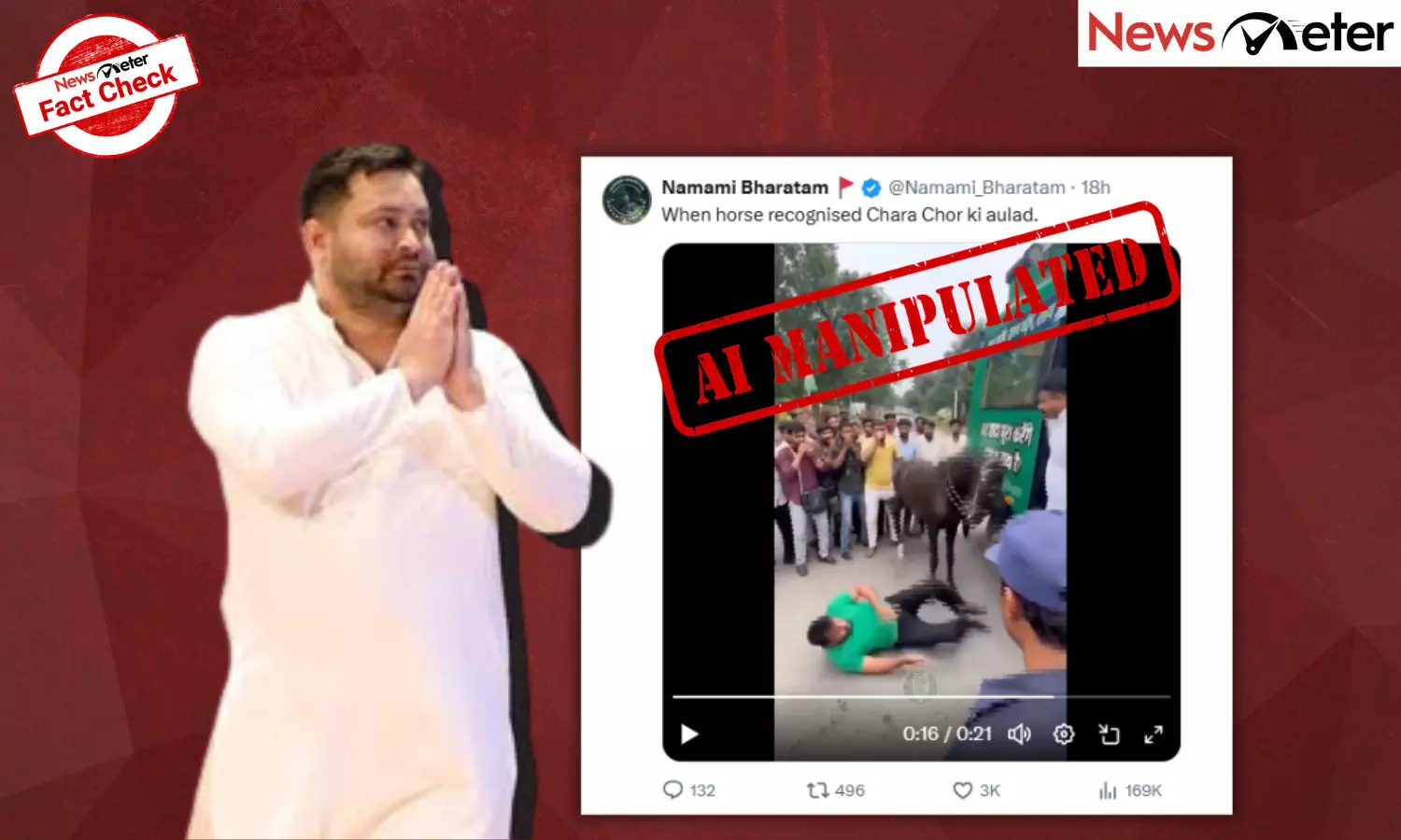 Fact Check: Bihar election – Tejaswi Yadav thrown off by a horse in rally? No, video is AI-manipulated Fact Check: Bihar election – Tejaswi Yadav thrown off by a horse in rally? No, video is AI-manipulated