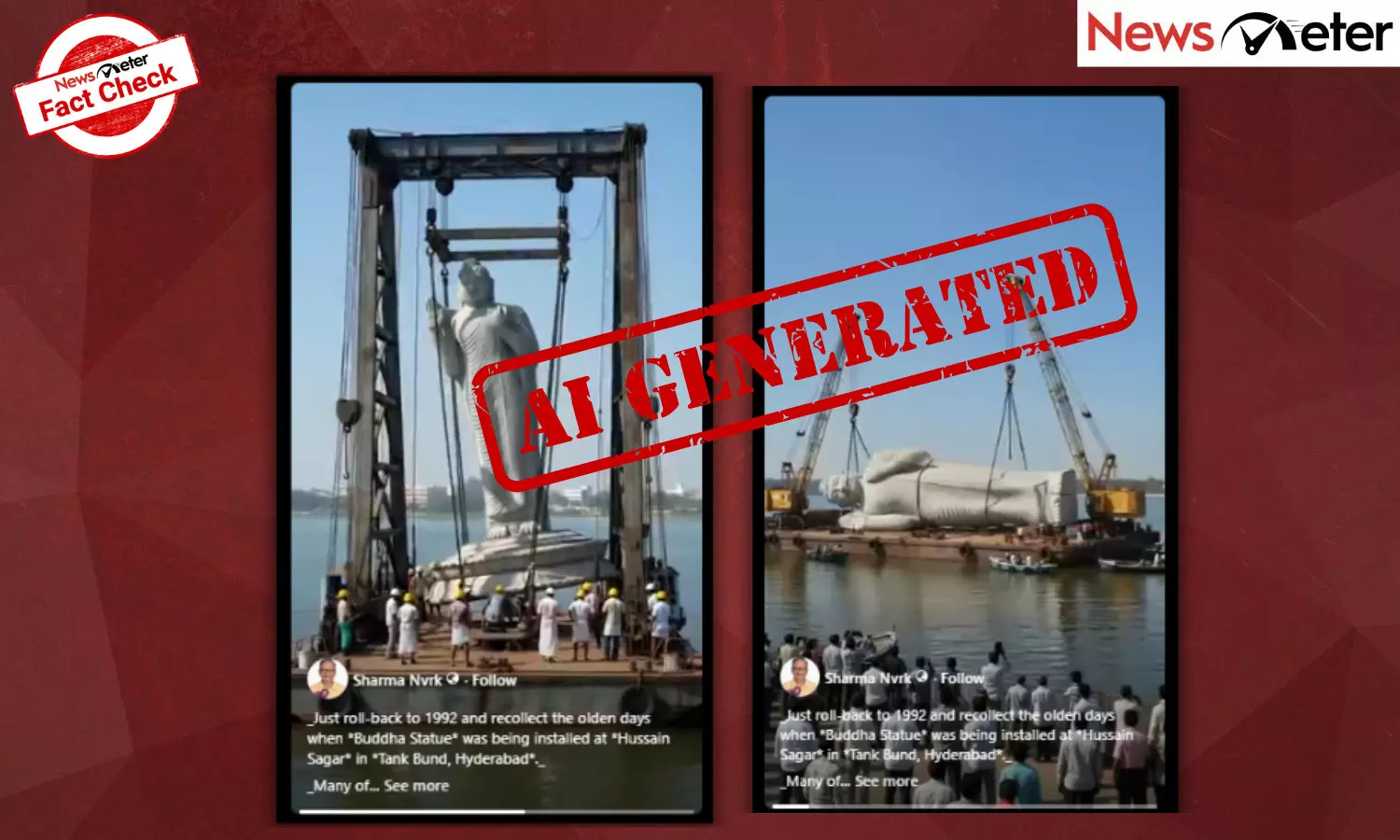 Fact Check: Hyderabad Buddha statue installation footage from 1992? No, video is AI-generated Fact Check: Hyderabad Buddha statue installation footage from 1992? No, video is AI-generated