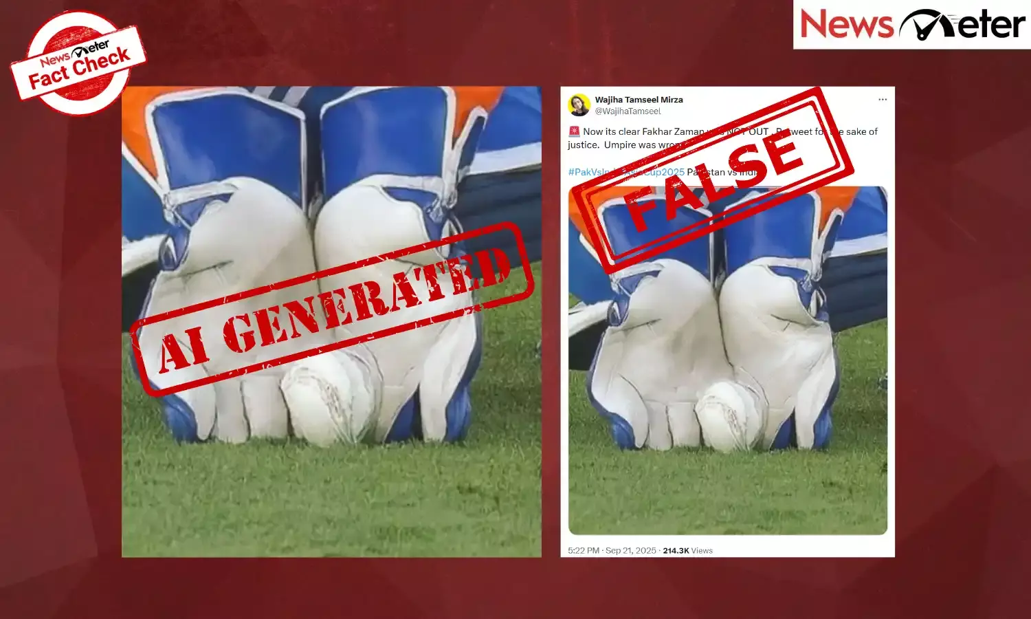 Fact Check: India-Pak match – Fakhar Zaman not out as ball touches ground before catch? No, image is AI-generated