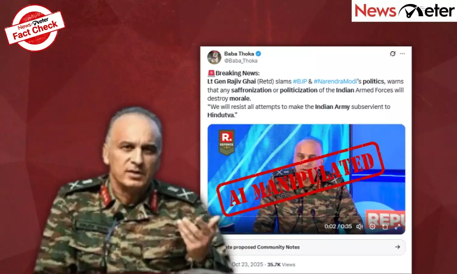 Fact Check: Lieutenant General Rajiv Ghai slams BJP’s ‘Hindutva politics’? No, video is AI-manipulated