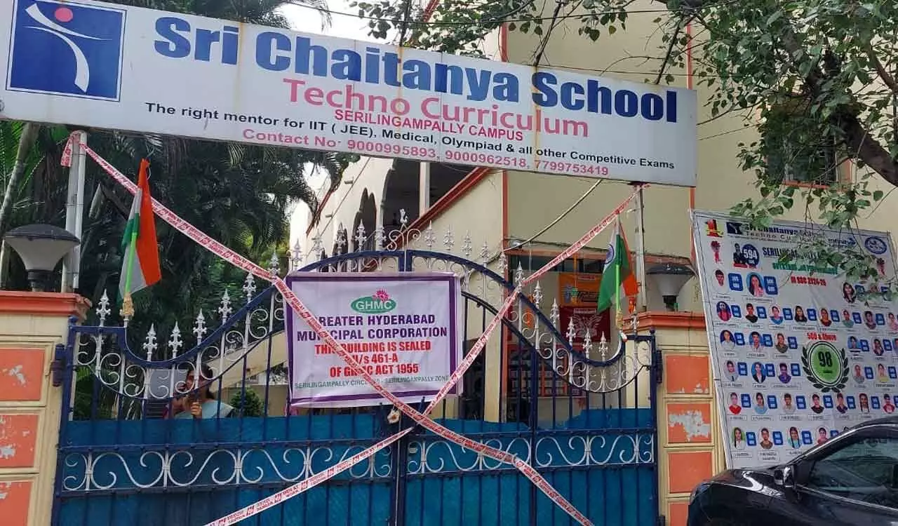 GHMC seals Sri Chaitanya School in Serilingampally over building violations; 1,400 students affected GHMC seals Sri Chaitanya School in Serilingampally over building violations; 1,400 students affected