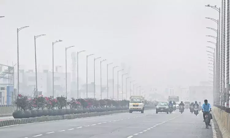 Thick early-morning mist slows Hyderabad traffic; visibility dips in Medchal, BHEL, RC Puram