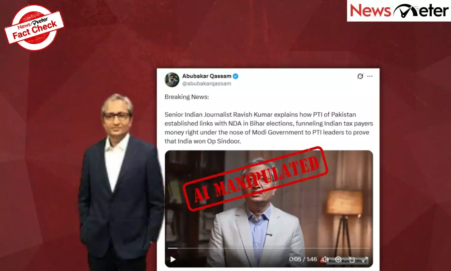 Fact Check: Ravish Kumar explains nexus, funding by NDA to Pak Tehreek-e-Insaf? No, video is AI-manipulated