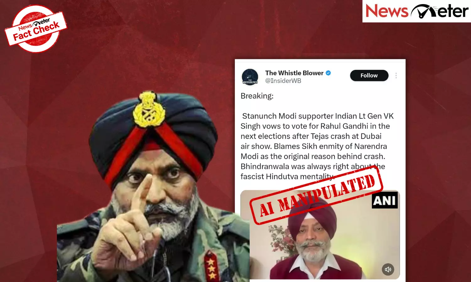Fact Check: Tejas Crash – Ret Gen. KJS Dhillon blames PM Modi, vows to vote for Rahul Gandhi? No, video is AI-manipulated