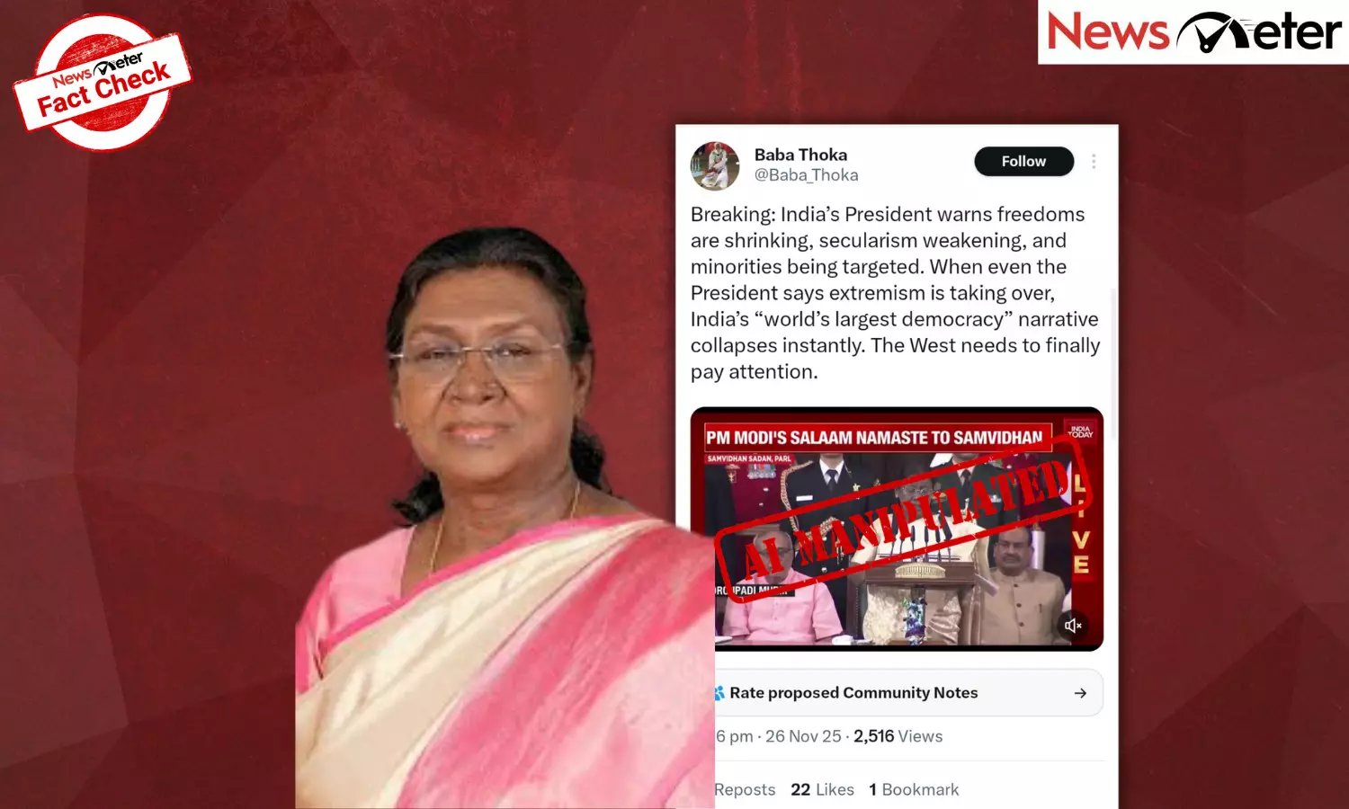 Fact Check: President Murmu says minorities being targeted in India? No, speech video is AI-manipulated Fact Check: President Murmu says minorities being targeted in India? No, speech video is AI-manipulated