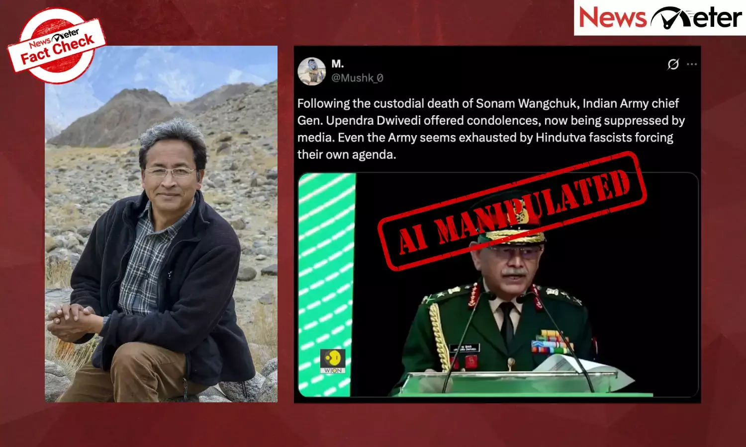 A video claiming to show Chief of the Army Staff, General Upendra Dwivedi, speaking about the alleged custodial death of Ladakh activist Sonam Wangchuk is going viral.
