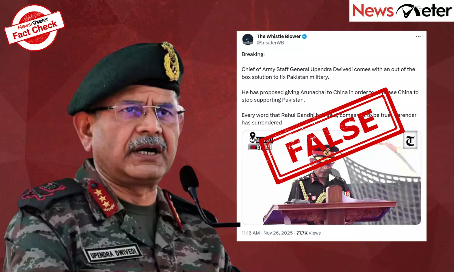Fact Check: Give Arunachal to China, suggests Army Chief Gen. Dwivedi? No, video is AI-manipulated