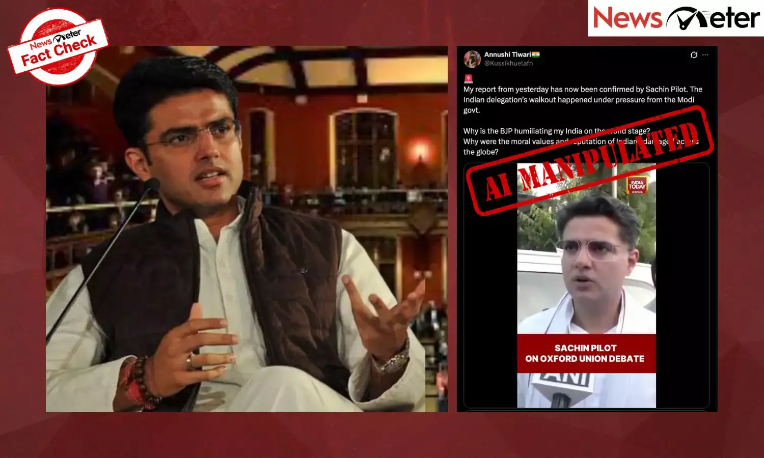 A video claiming to show Congress leader Sachin Pilot saying that the Indian delegation withdrew from an Oxford Union debate under pressure from the Modi government is going viral.