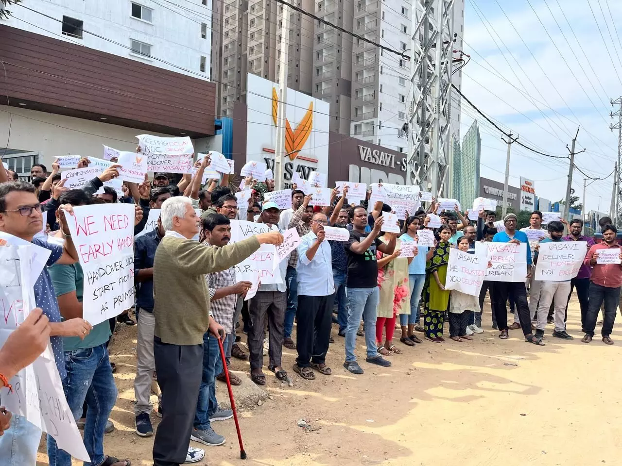 200 homebuyers protest at Vasavi Urban project in Bachupally over delay in handover of flats 200 homebuyers protest at Vasavi Urban project in Bachupally over delay in handover of flats