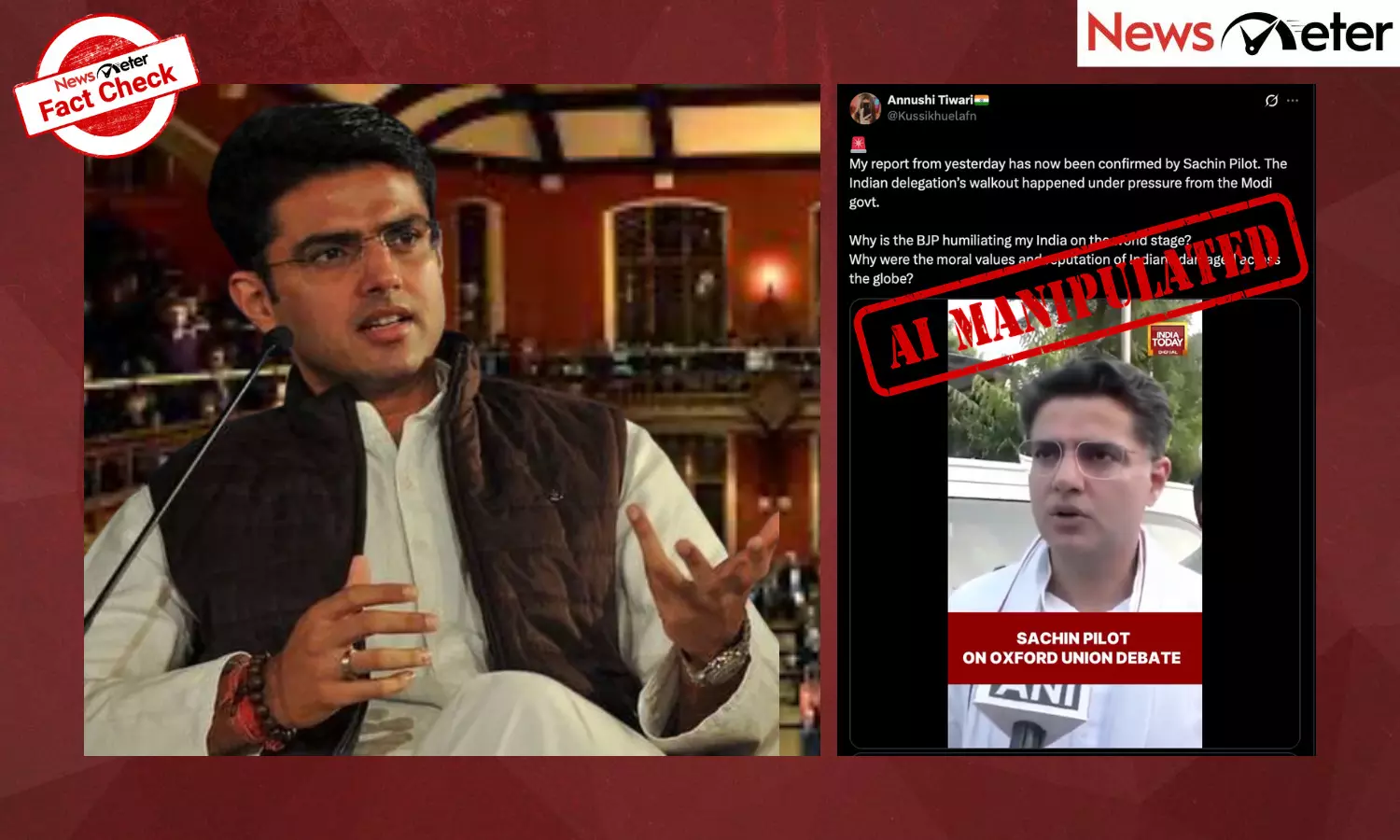 A video claiming to show Congress leader Sachin Pilot saying that the Indian delegation withdrew from an Oxford Union debate under pressure from the Modi government is going viral.