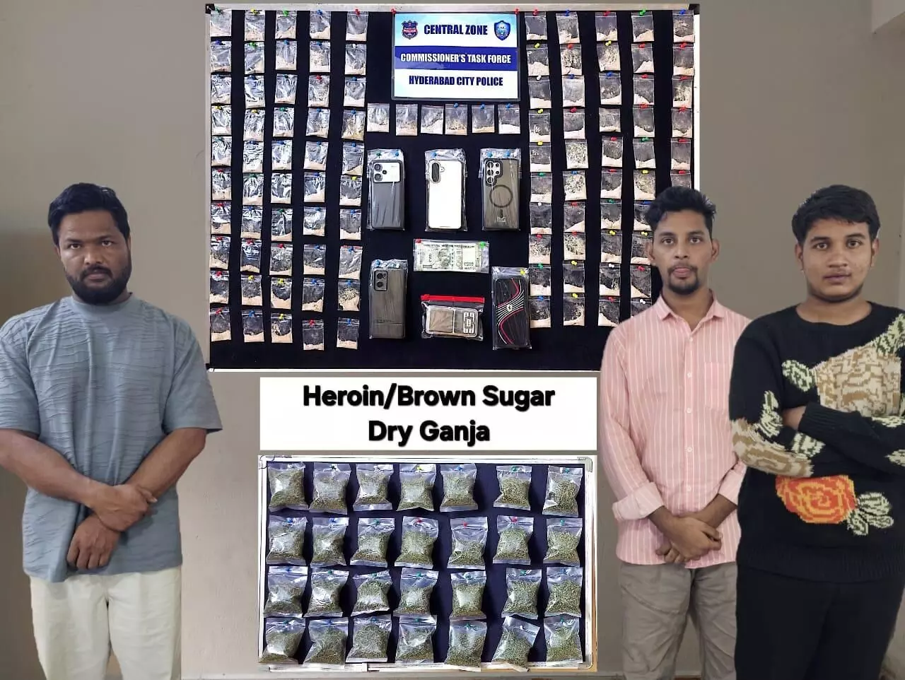 Three drug peddlers arrested near IMAX open ground; brown sugar, ganja worth lakhs seized