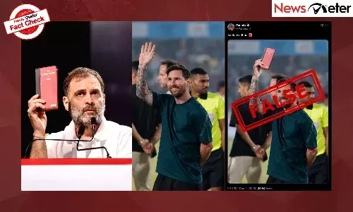 Fact Check: Messi holds Samvidhan during India tour? No, footballerās photo is edited