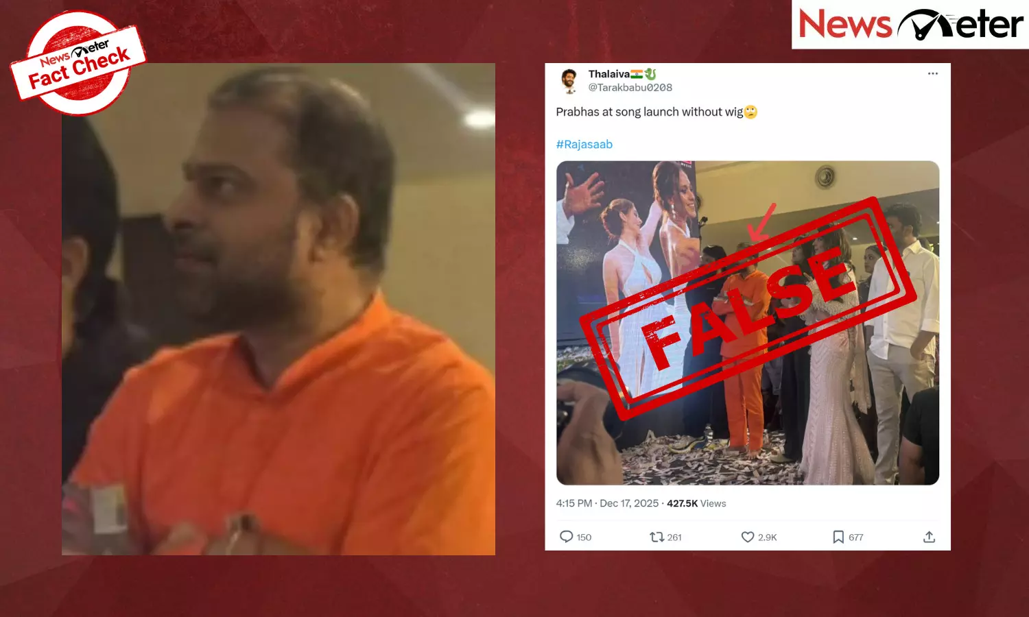 Fact Check: Prabhas seen without wig at RajaSaab promotions? No, image has been manipulated Fact Check: Prabhas seen without wig at RajaSaab promotions? No, image has been manipulated