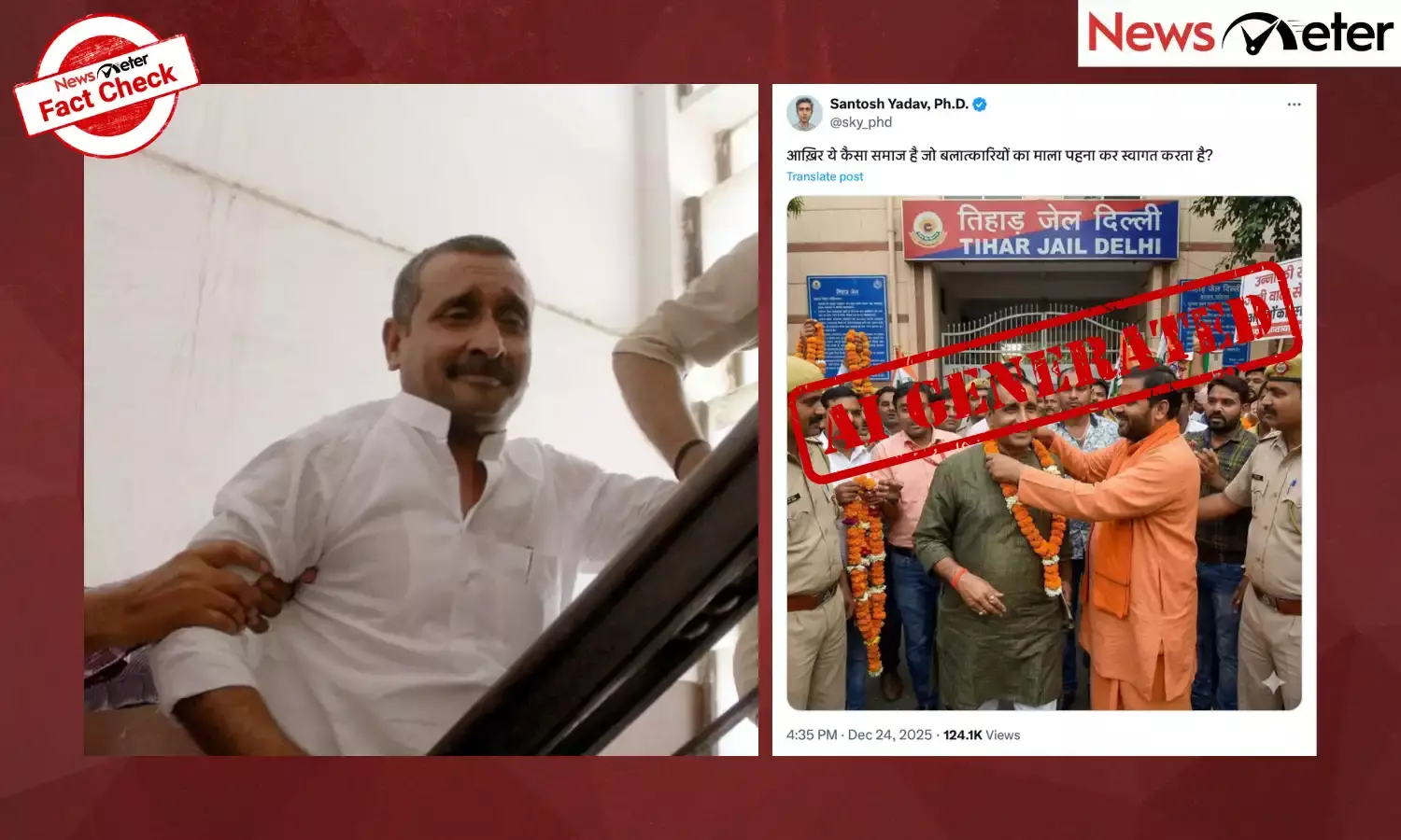 An image claiming to show Kuldeep Sengar being welcomed with a garland at Tihar Jail entrance is going viral on social media.