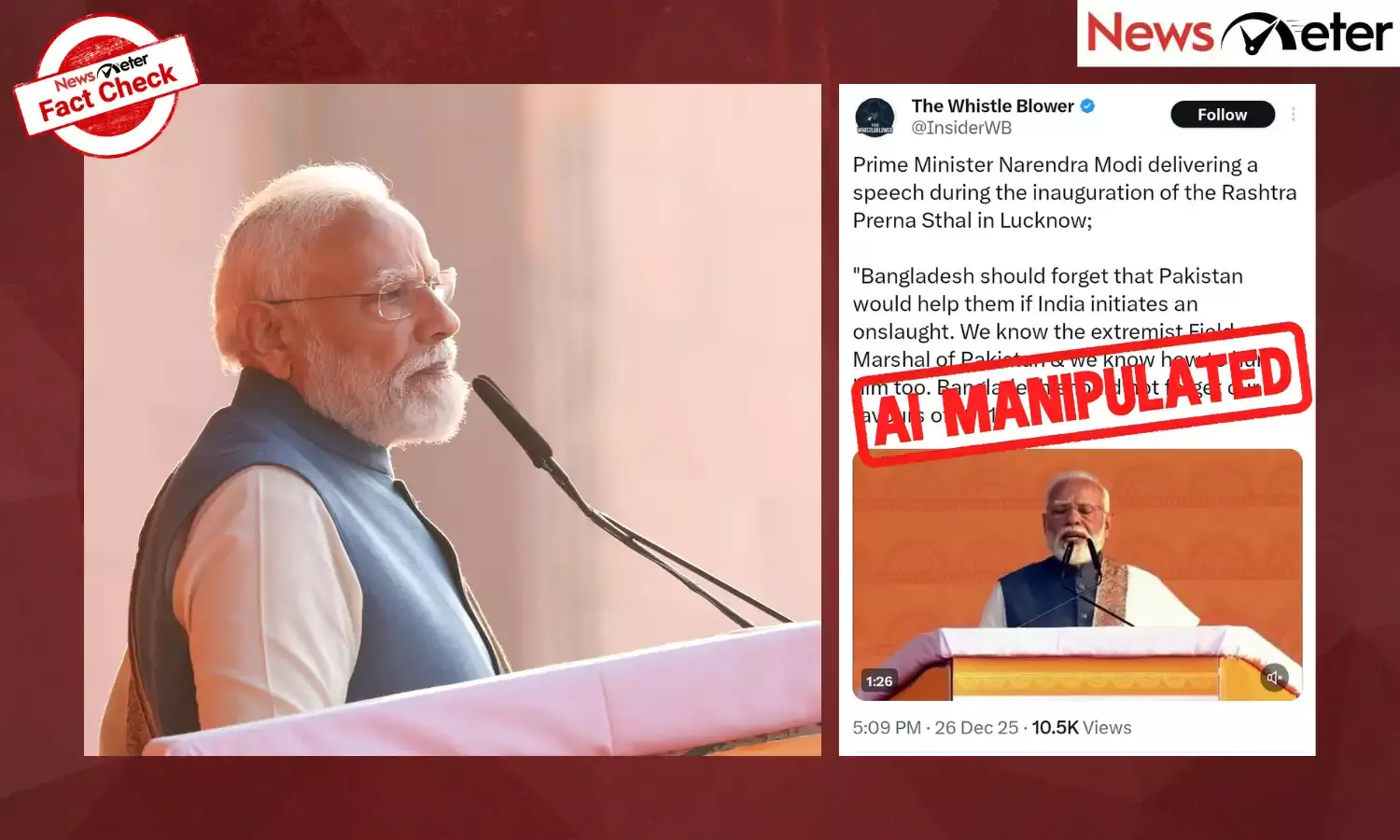 A video claiming to show Prime Minister Narendra Modi issuing threats to Bangladesh during the inauguration of Rashtra Prerna Sthal in Lucknow is going viral on social media platforms.