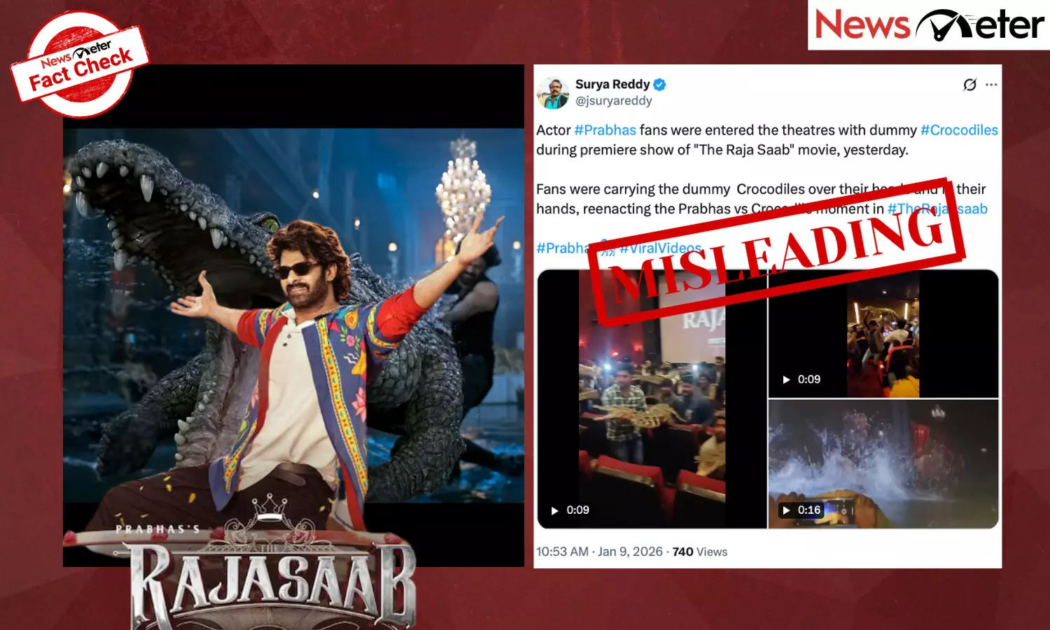 Videos claiming to show enthusiastic fans of actor Prabhas entering movie theatres with dummy crocodiles to recreate a scene from ‘The Raja Saab’ during its premiere screenings are circulating on social media. Videos claiming to show enthusiastic fans of actor Prabhas entering movie theatres with dummy crocodiles to recreate a scene from ‘The Raja Saab’ during its premiere screenings are circulating on social media.