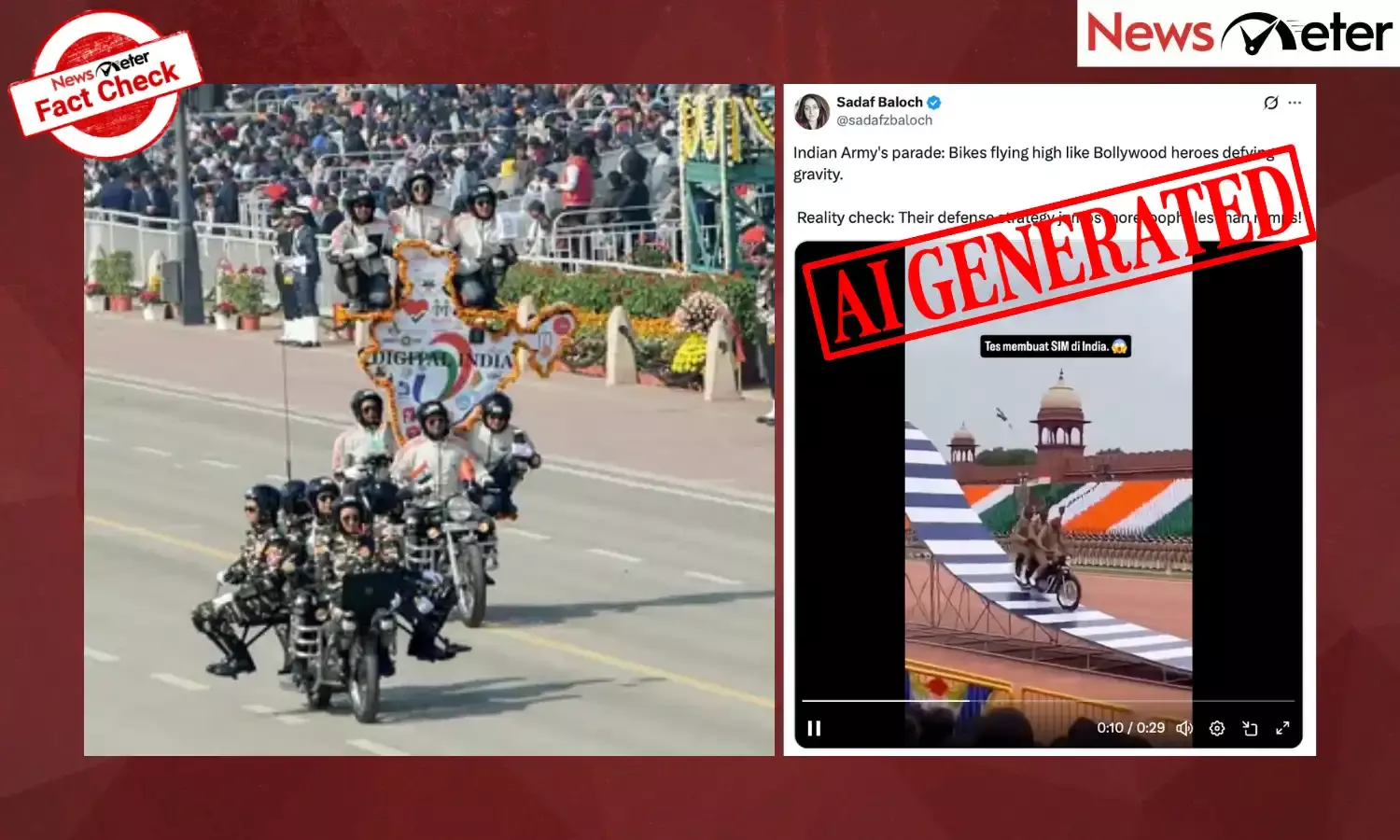A video purportedly showing Indian soldiers performing and failing extreme motorcycle stunts during the 77th Republic Day parade is going viral on social media.