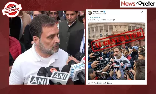 A photo claiming to show Rahul Gandhi surrounded by a large crowd of journalists and microphones outside the Parliament has gone viral.