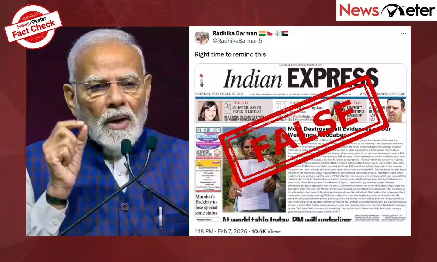 A newspaper clipping resembling an Indian Express page claiming that Jashodaben said Narendra Modi destroyed evidence of their wedding is viral on social media.