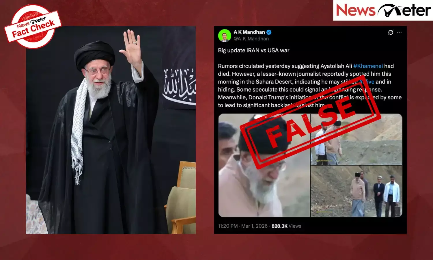 Photos claiming to show Irans Supreme Leader Ayatollah Ali Khamenei alive and hiding in the Sahara Desert are being widely shared on social media.