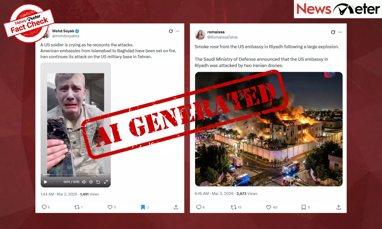 US soldier crying on battlefield, Riyadh US embassy destroyed? No, AI visuals are viral US soldier crying on battlefield, Riyadh US embassy destroyed? No, AI visuals are viral