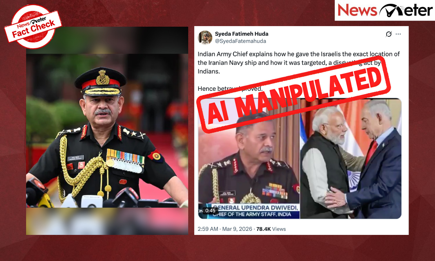 Fact Check: Army Chief admits India shared Iranian warship location with Israel? No, it’s Ai-manipulated