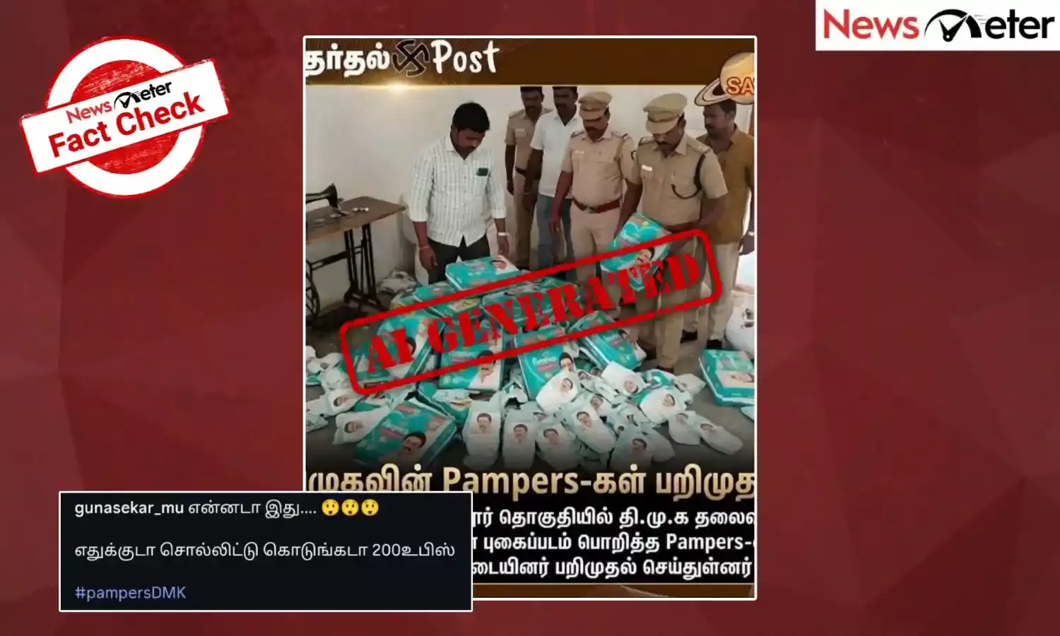 Fact Check: ஸ்டாலின் புகைப்படம் பொறித்த Pampers டயப்பர்களை பறக்கும் படையினர் பறிமுதல் செய்ததாகப் பரவும் நியூஸ்கார்டு உண்மையானதா?