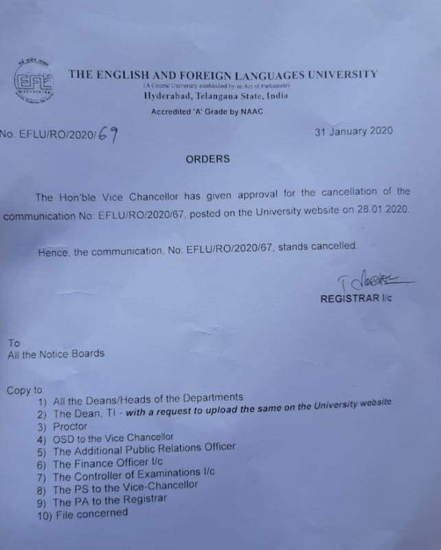 Eflu student protest vc roll back circular