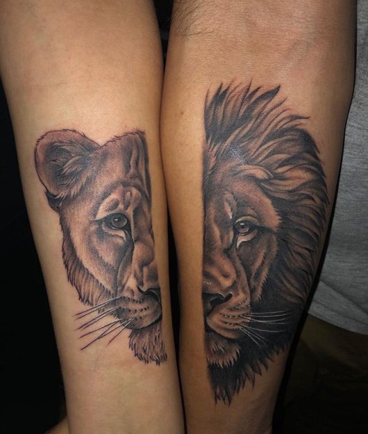 Lion And Lioness Couple Tattoos