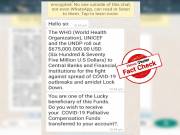 WhatsApp message offering money under alleged Palliative Funds by UN and WHO is FALSE